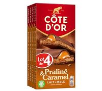 CÔTE D'OR - 4 Tablettes Côte d'Or Chocolat au Lait Fourrage Praliné Noisettes et Caramel 200g - Chocolat au Lait, Fourrage Praliné Noisettes, Cœur Coulant Caramel - Lot de Tablettes - Lot de 4x200g