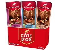 Cote D'Or - Bloc Lait - Lot de 6 Tablettes de Chocolat au Lait - 3 Recettes : Lait Noisettes (x2), Lait Amandes Caramélisées (x2), Lait Raisins Noisettes (x2) - Lot de 1,08kg