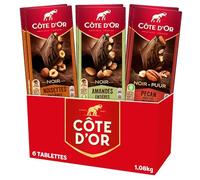 Cote D'Or - Bloc Noir - Lot de 6 Tablettes de Chocolat Noir - 3 Recettes : Noir Noisettes Entières (x2), Noir Amandes Entières (x2), Noir Pecan Noisettes (x2) - Lot de 1,08kg