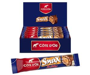 Côte d'Or Snax - Barres Chocolat Caramel Biscuit et Riz soufflé - 25x60g | 25 Barres de 60g | Chocolat au lait fourré caramel avec biscuit et riz soufflé croustillant | Idéal pour une pause