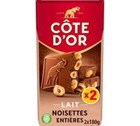 COTE D'OR - Tablette Chocolat Lait Gourmande, Noisettes Entières Croquantes (2 x 180g) - Le Lot De 3