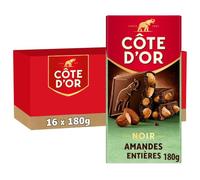 Côte d'Or - Tablettes Chocolat Noir et Amandes Entières - 16x180g | 16 Tablettes de 180g | Chocolat noir intense avec amandes entières croquantes | Idéal pour une pause café