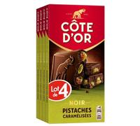 Côte d'Or - Tablettes Chocolat Noir et Pistaches Caramélisées - 4x180g | 4 Tablettes de 180g | Chocolat noir intense avec pistaches caramélisées croquantes et gourmandes | Idéal pour une pause café