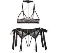 Cottelli Collection – Ensemble bondage à jarretelles ouvert et entraves – Noir – L