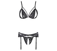 Cottelli – Ensemble lingerie ouvert en dentelle 3 pièces, bonnet et entrejambe ouverts – Noir XL
