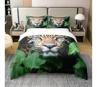 Coton 3D Cheetah Housse de Couette Léopard Confort Parure de lit Vert Feuillage Plantes Literie Set Safari Afrique Animaux Ensemble de Lit Fermeture À Glissière,Chaleur 220x240