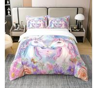 Coton Biologique Licorne Couple Couvre Lit Cartoon Arc en Ciel Literie Wildlife Parure de Lit Ensemble de Literie Florale Chic Décor de Chambre Anniversaire de Mariage Housse de Couette 220x240