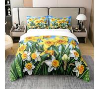 Coton Country Fleur Literie,Fleurs Daffodile Fleur Housse de Couette 220x240 Housse de Couette dans Style d'une Ferme Rurale,Idyllique Vert Feuille Housse de Couette Décor de Jardin Printemps