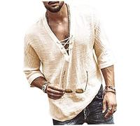 Coton De Lin Pour Hommes T-shirt Décontracté 3/4 Manches Plage Hippie Yoga Tees À Crampons À Lacets D'été Europe