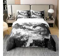 Coton Gotheron 200x200 Garçon Literie,Noir Blanc Vintage Dragon Confort Set Dream Castle Housse de Couette,Dark Sky Mythic Animal Bed Antique Préhistorique Wildlife Décor de Chambre