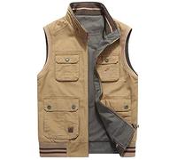 Coton Hommes Tional Veste en Loisirs Air Gilet Plein avec Veste Zippée Col Beaucoup Patchwork Poches Pratiques Gilet De Travail Radio sans Manches Haut (Color : Khaki, Size : 3XL)