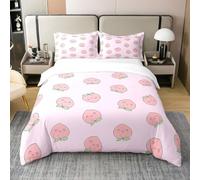 Coton - Housse de Couette 220x240 Enfant, Ensemble de Literie Rose-Pêche, Parure de Lit Kawaii pour Filles Ados, Couvre Lit de Fruits Mignons, Décor de Chambre Souple et Réversible