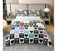 Coton Housse de Couette 240 x 260 Enfant Noir Plusieurscolore Cœur Nœud | Parure de Lit Damier Patchworkerboard Sets de Housses de Couettes Minimaliste Plaid Couvre Lit