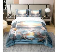 Coton Housse de Couette Océan Parure de Lit 240 x 260 Nuages Coucher de Soleil Vague Couvre Lit pour Amants Garçons Fenêtre en Bois Étoile de Mer Coquille Vie Marine Literie 2 Taies d'oreiller