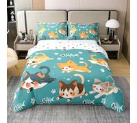Coton Kawaii Chat Housse de Couette 140x200,Enfants Dessin Animé Chat Linge de Lit Chambre Décor,Animal de Compagnie Pattes Os de Poisson Couvre Lit,Vert Jaune Chambre Décor Parure de Lit