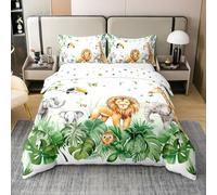Coton Lion Literie Set,Éléphant Housse de Couette,Girafe Parure de Lit,Plantes Tropicales Linge de Lit,Oiseaux Décoratifs de Chambre Couvre Lit 220x240,2 Taies d'oreiller,Vert Blanc Jaune