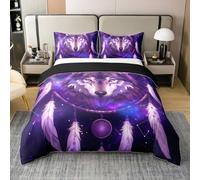 Coton Loup 240 x 260 Literie Set,Bohème Dream Catcher Housse de Couette Ensemble pour Enfants,Tribal Ethnique Exotique Parure de Lit,Loup Faune Chasse Animaux Draps Imprimés Décoration de Chambre