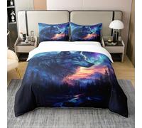 Coton Loup Housse de Couette 220x240,Jungle 3D Safari Parure de Lit,Ensemble de Literie pour Animaux Sauvages Bleu Noir,Ciel d'arbre Couvre Lit