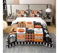 Coton Pumpkin Light Housse de Couette Gothique Ensemble de Literie d'halloween 220x240,Cartoon Cute Ghost Spider Housse de Confort Terror Witch Hat Patch Housse de Couette,Orange Light Bat Décor