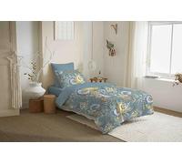 COTON PUR Pack Complet Housse de Couette réversible Vanessa 4 pièces pour lit 90 x 190 (Bergame Turquoise)