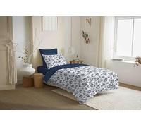 COTON PUR Pack Complet Housse de Couette réversible Vanessa 4 pièces pour lit 90 x 190 (Eloise Bleu)