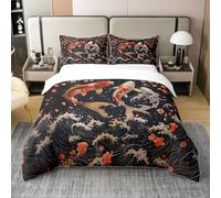 Coton Rouge Blanc Koi Housse de Couette Style Japonais Parure de Lit 200x200 Rose Sakura Literie Set Lit Vague Bleu Ensemble Housse de Couette avec 2 Taies d'oreiller