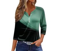 Coton Shirts pour Femmes 3/4 Manches Décontracté Surdimensionnées Douillet Tunique Tops Tendance Motif Imprimé Boutons V Col Chemises Cyan M Tee Shirt Femme Personnalisable