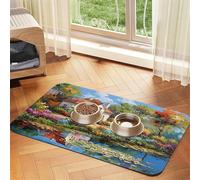 Cottage by The River Tapis de nourriture pour animaux de compagnie 43,7 x 30 cm absorbant et antidérapant en cuir synthétique avec fond en caoutchouc et dessous en caoutchouc à séchage rapide