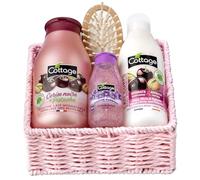 Cottage Coffret Cadeau Cerise noire et Pistache - 1 Gel douche + 1 Douche Gommage + 1 Lait Corps Hydratant + 1 éponge exfoliante - Fabriqué en France