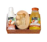 Cottage Coffret Cadeau Huile d'Argan - 1 Gel douche Huile + 1 Lait Corps Hydratant + 1 éponge exfoliante + 1 masseur bois - Fabriqué en France - 97% d'ingrédients d'origine naturelle