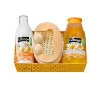 Cottage Coffret Cadeau Monoï- 1 Gel douche Huile + 1 Lait Corps Hydratant + 1 éponge exfoliante + 1 masseur bois - Fabriqué en France - 97% d'ingrédients d'origine naturelle
