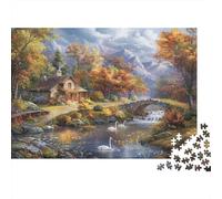 Cottage d'automne par Un ruisseau avec des cygnes Puzzle Défiant Éduchatif 1000 Pièces, Le Paysage pour Adultes, Décoration Maison Et Cadeau Parfait 52x38cm/1000pcs