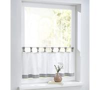 Cottage Rideau brise-bise à carreaux blancs et gris avec passants et boules en bois pur coton Rideau de cuisine style maison de campagne Largeur 120 cm Hauteur 35 cm