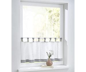 Cottage Rideau brise-bise à carreaux blancs et gris avec passants et boules en bois pur coton Rideau de cuisine style maison de campagne Largeur 120 cm Hauteur 50 cm