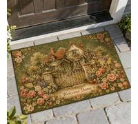 Cottage Welcome Paillasson vintage rustique avec clôture de fleurs d'été vert antidérapant pour décoration de sol, porte d'entrée, terrasse, 73,6 x 43,2 cm