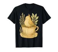 Cottagecore Bird in Teacup Whimsical Herbal Garden Scene T-Shirt
