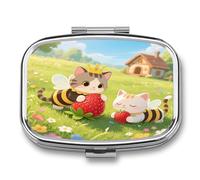 Cottagecore Pilulier de voyage carré en métal avec 2 compartiments Motif fraises et chats