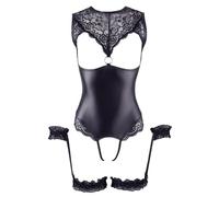 Body Ouvert Effet Cuir et Dentelle Avec Jarretelles Menottes - Taille : XL