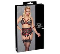 Ensemble 3 Pièces Ouvert Dentelle, Sangles et Menottes Rouge & Noir GT