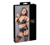 Cottelli Collection – Ensemble bondage à jarretelles avec entraves, dentelle brillante, Noir S