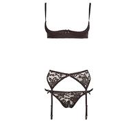 Cottelli Collection Ensemble Lingerie Soutien-Gorge String Ouvert et Porte-Jarretelles Dentelle Noir Taille 80C/M