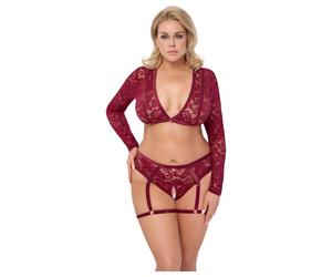 Cottelli Curves - ensemble lingerie dentelle manches longues - rouge - 2XL