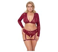 Cottelli Curves - ensemble lingerie dentelle manches longues - rouge - 3XL