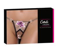 Cottelli - string femme brodé luxe - noir et blanc - motif lys - M/L