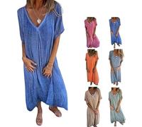 Cotton and Linen V-Neck Midi Dress,Dress, Linen Dresses for Women,A Line Linen Long Dress, Solid Casual Dress (Blue,S)