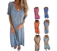 Cotton and Linen V-Neck Midi Dress,Dress, Linen Dresses for Women,A Line Linen Long Dress, Solid Casual Dress (Gray,3TG)