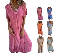 Cotton and Linen V-Neck Midi Dress,Dress, Linen Dresses for Women,A Line Linen Long Dress, Solid Casual Dress (Rose,S)
