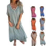 Cotton and Linen V-Neck Midi Dress,Dress, Linen Dresses for Women,A Line Linen Long Dress, Solid Casual Dress (Light Green,TTG)