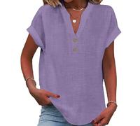 Cotton Linen Tops for Women, 2026 New V-Neck Casual Linen Tunic Tops, Comfy Loose Solid Button Tunic Blouse (Light Purple,TG)