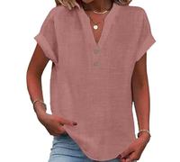 Cotton Linen Tops for Women, 2026 New V-Neck Casual Linen Tunic Tops, Comfy Loose Solid Button Tunic Blouse (Pink,TG)